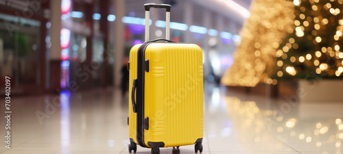 Suitcases in airport terminal waiting area, airplane background, summer vacation Tourist journey trip concept