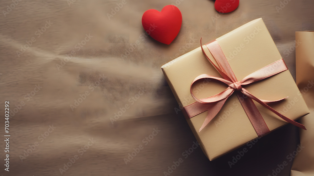 Top view craft paper gift box with red bow. Valentine's Day Top view craft paper gift box with red bow. Valentine's Day