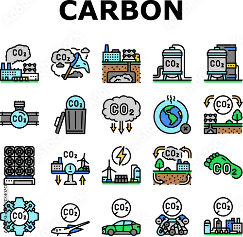 carbon capture co2 storage icons set vector. energy footprint, utilization sequestration, green, technology, pollution reduction carbon capture co2 storage color line illustrations