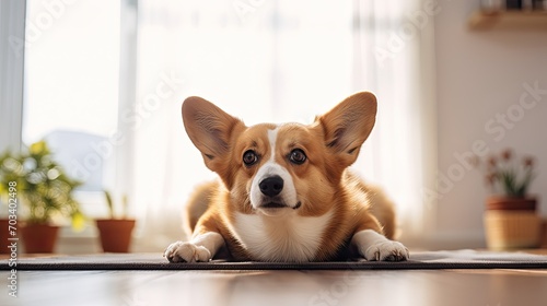  Corgi dog doing downward facing dog yoga pose while sitting on a mat on a light background. © AI