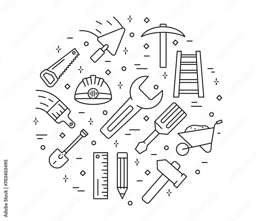 Obraz premium Set of icons related to labor, construction, repair. Circular composition. Vector illustration.