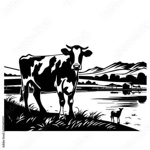 Idyllic Farm Landscape with Cows Vector