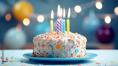 colorful birthday cake with candles  party blurred background    hcolorful birthday cake with candles  party blurred background    horizontal banner  copy space forizontal banner  copy space for text.