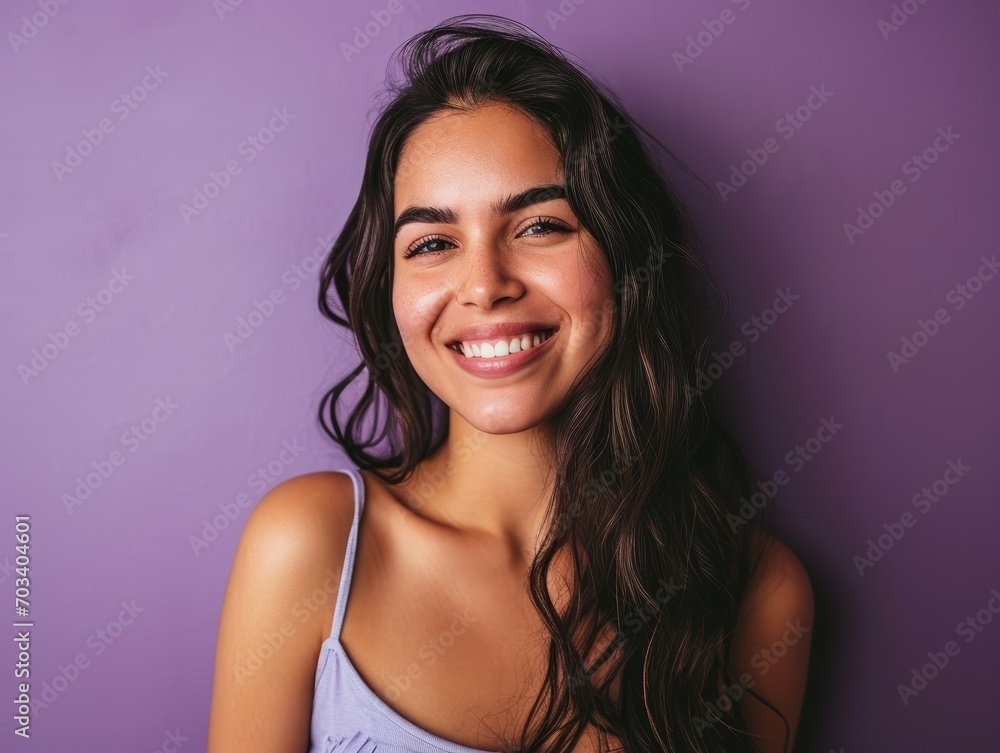Beautiful woman smiling on purple background Beautiful woman smiling on purple background