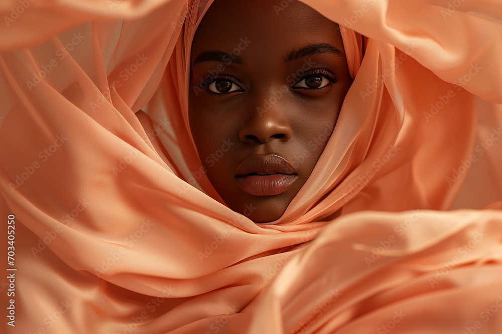 Peach fuzz, color of the year 2024, Elegant Portrait of woman in Soft