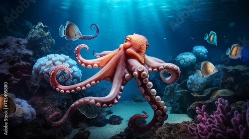 Octopus and fish under the sea