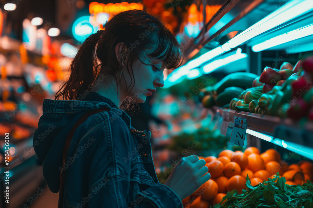 Naklejka premium Young woman shopping in a colorful market at night, neon lights illuminating fresh produce, capturing urban lifestyle.