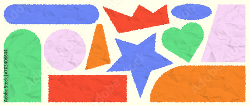 A set of pieces of torn paper. Multi-colored square frames with jagged edges and crumpled paper texture. Collage sticker, patchwork strip. Calligraphy border, isolated grunge header background.