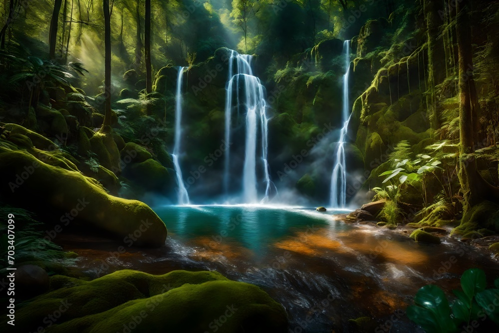 Step into the realm of imagination with a super realistic stock photo portraying an enchanting landscape where Many waterfalls intertwine with plastic roads in the forest Step into the realm of imagination with a super realistic stock photo portraying an enchanting landscape where Many waterfalls intertwine with plastic roads in the forest