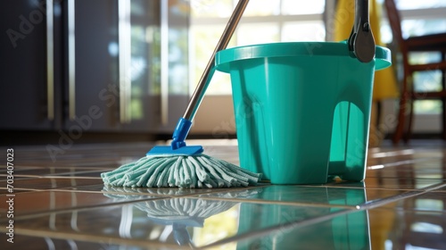 A mop and bucket ready for cleaning, standing on a reflective tiled floor, symbolizing cleanliness and domestic work.