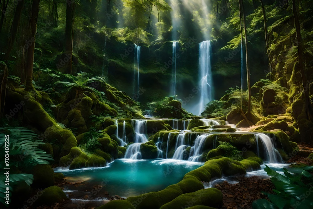 Step into the realm of imagination with a super realistic stock photo portraying an enchanting landscape where Many waterfalls intertwine with plastic roads in the forest
