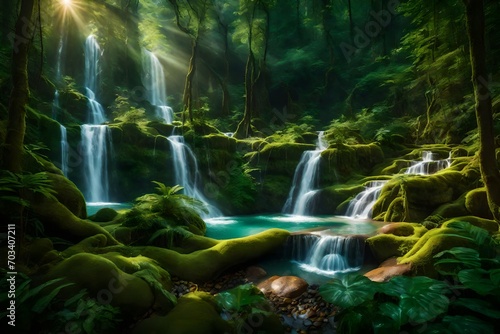 Step into the realm of imagination with a super realistic stock photo portraying an enchanting landscape where Many waterfalls intertwine with plastic roads in the forest