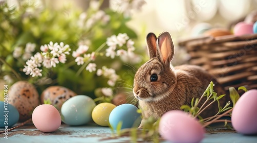 cute rabbit with flowers and color painted Easter eggs on wooden table  cute holiday background  Generative Ai