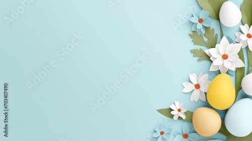 top view paper craft style illustration  Easter holiday background with eggs and flowers  Generative Ai