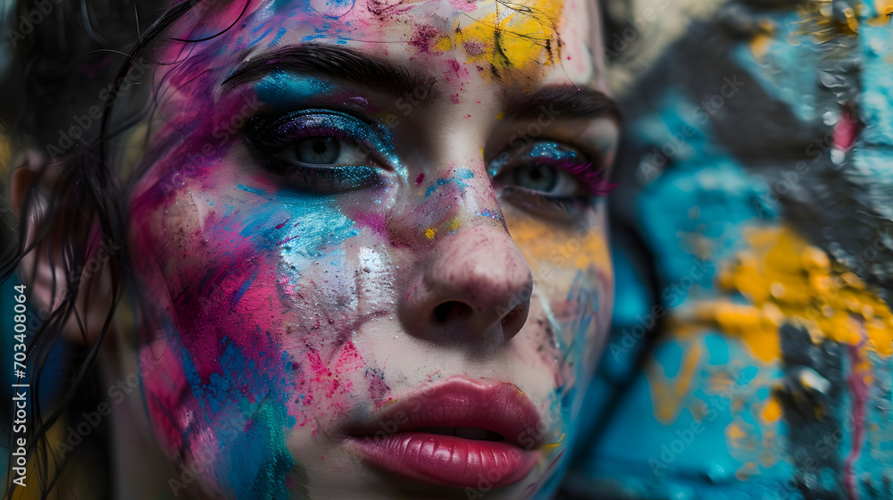 beauty model woman with vibrant makeup in the face with graffiti street wall background