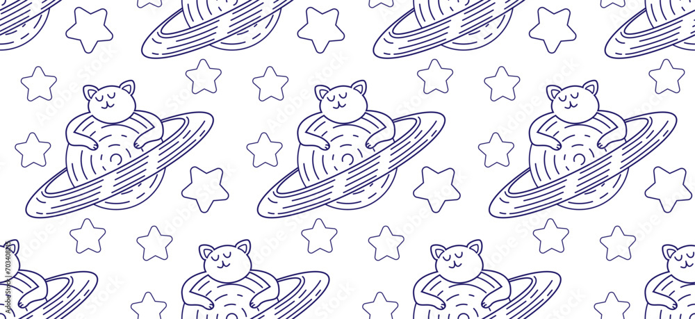 Cat in space seamless pattern. Children's coloring book on a white background isolated. Line drawing vector illustration with cute space cats. Cat in space seamless pattern. Children's coloring book on a white background isolated. Line drawing vector illustration with cute space cats.