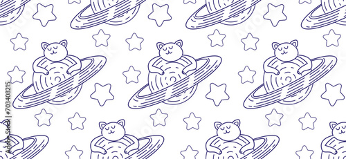 Cat in space seamless pattern. Children's coloring book on a white background isolated. Line drawing vector illustration with cute space cats.