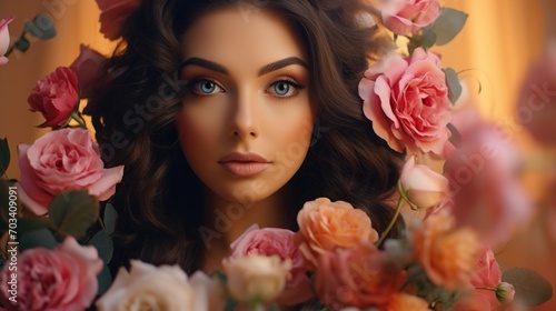 Close-up portrait of a beautiful young brunette woman looking into the camera surrounded by pink roses. Spring, youth, beauty, makeup, skin care concepts.