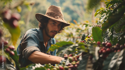 Latino young man harvesting coffee beans at a coffee farm
