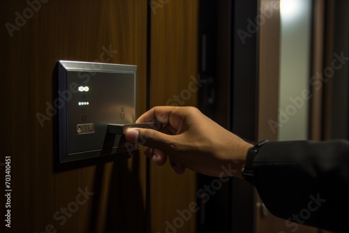 hand puts key card to panel opening hotel .