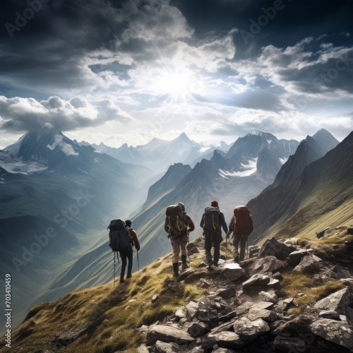 Group of four hikers with backpacks walks in mountains at sunset © Danko