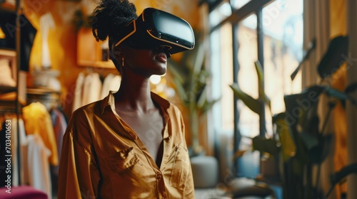 Shopping online concept. Black woman using VR for online shopping browsing stylish clothing items. e-Commerce, e-Shopping, e-Store products. photo