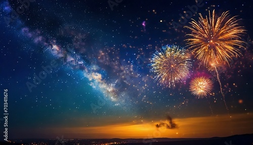 Fireworks with blur milky way background  