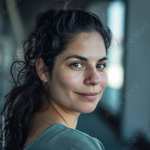 Caucasian woman with black hair, side view blurred background. generated by ai