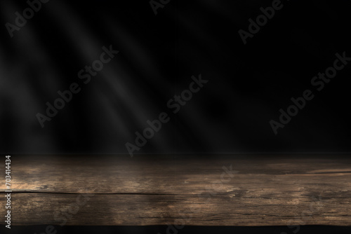 Wood table and black wall background, Empty wooden floor space platform with library background for product display.