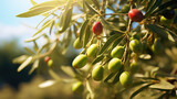 Olive Grove Glory, Branch with Ripe Olives and Leaves Enjoys a Sunny Day in the Orchard.