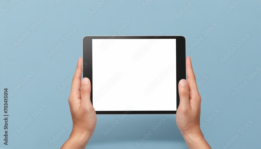 Hands white screen tablet, isolated on blue background Hands white screen tablet, isolated on blue background