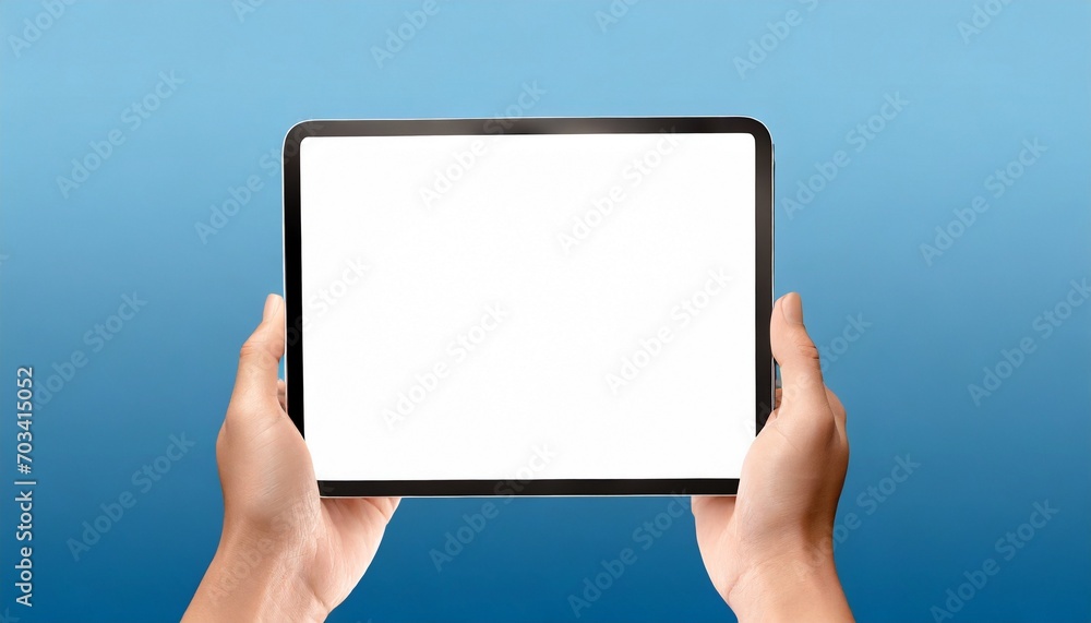 Hands white screen tablet, isolated on blue background