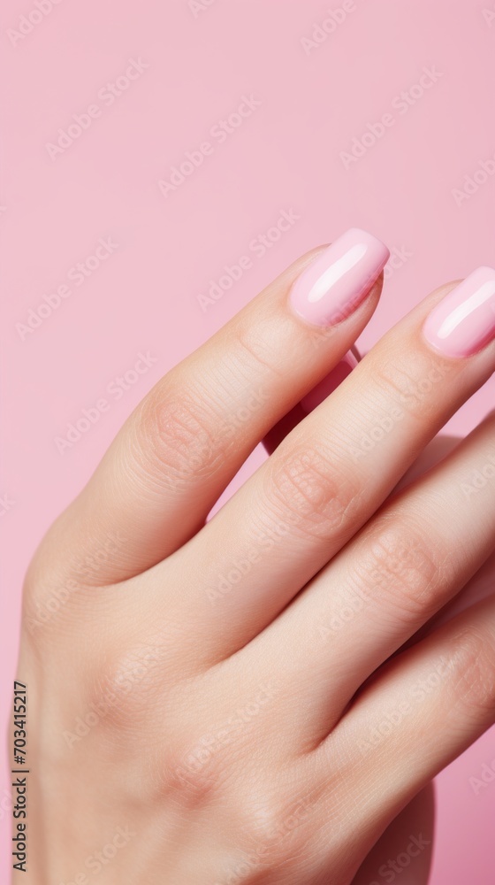 Close-up of a woman's hand with a delicate pink manicure. Beauty, cosmetics, makeup concepts. Close-up of a woman's hand with a delicate pink manicure. Beauty, cosmetics, makeup concepts.