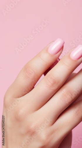 Close-up of a woman s hand with a delicate pink manicure. Beauty  cosmetics  makeup concepts.