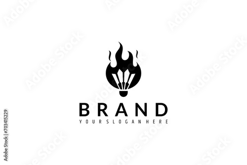 Badminton shuttlecock logo design with flame combination in flat vector style