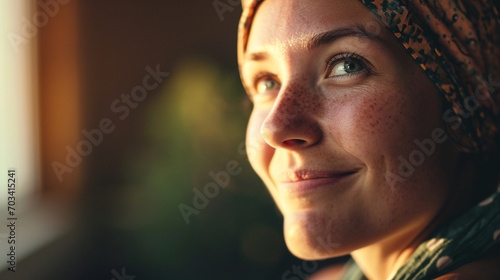 A close-up of a woman with cancer, smiling softly with hopeful eyes, cancer, blurred background, with copy space