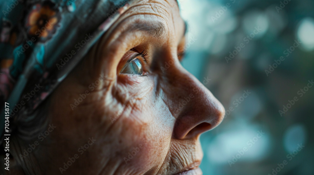 A close-up of a cancer patient's face, looking out the window, eyes full of hope and anticipation for the future, cancer, blurred background, with copy space