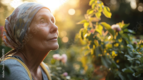 A cancer patient gardening, their eyes showing contentment and hope in growth, cancer, blurred background, with copy space photo