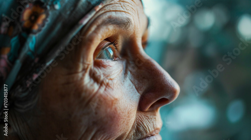 A close-up of a cancer patient's face, looking out the window, eyes full of hope and anticipation for the future, cancer, blurred background, with copy space