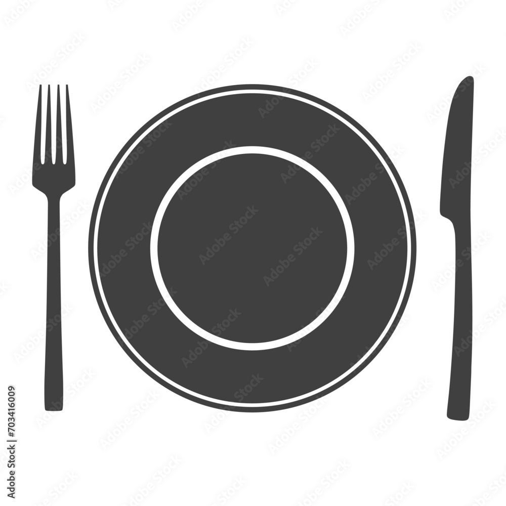 Icon of plate with fork and knife, symbol, sign isolated on white background. Vector illustration. Icon of plate with fork and knife, symbol, sign isolated on white background. Vector illustration.