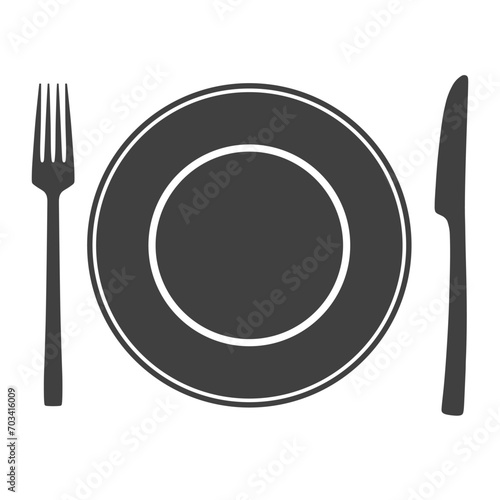 Icon of plate with fork and knife, symbol, sign isolated on white background. Vector illustration.