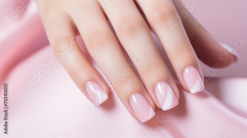Close-up of a woman's hand with a delicate pink manicure. Beauty, cosmetics, makeup concepts.