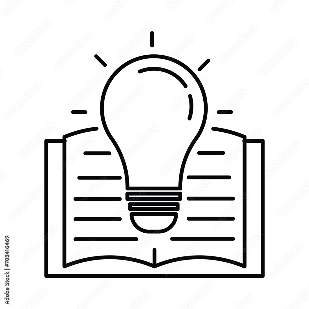 Thin line light bulb with open book black icon. trend outline flat info brochure modern linear design logotype isolated on white Thin line light bulb with open book black icon. trend outline flat info brochure modern linear design logotype isolated on white