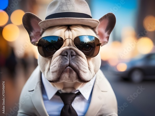 French bulldog wearing sunglasses. hat and suit on a busy street. Generative AI