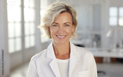 A mid-aged smiling woman doctor looking at the camera