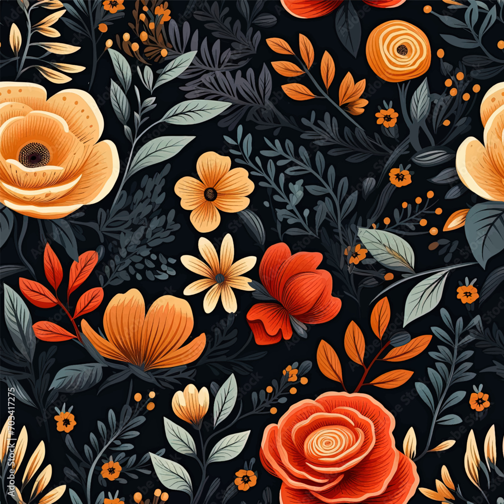 Seamless design. Colorful abstract flowers bouquet on a dark color background, Vector Seamless design. Colorful abstract flowers bouquet on a dark color background, Vector