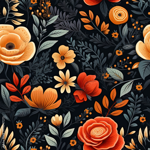 Seamless design. Colorful abstract flowers bouquet on a dark color background, Vector
