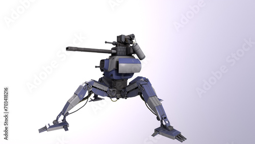 Robot Walker with gatling guns armored with light blue background sci-fi style 3D render photo