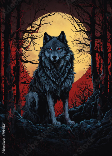  big and bad wolf. on the background of the night forest and the moon