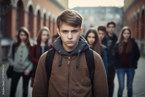 Upset teen guy with backpack standing against the background of classmates outdoor, bullying, adolescence problems photo